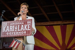 Gubernatorial candidate Kari Lake speaks at the Back the Blue Rally on Oct. 2, 2021, in Cave Creek, Arizona.
