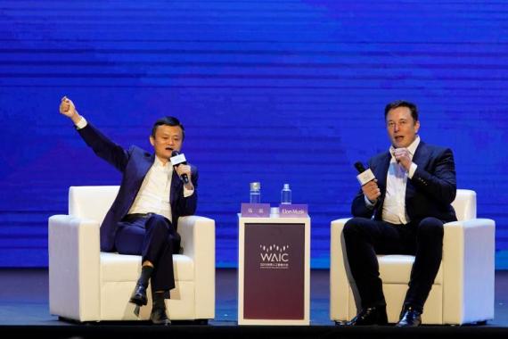 Alibaba Chairman Jack Ma and Tesla CEO Elon Musk at the World Artificial Intelligence Conference, Shanghai, China, August 2019
