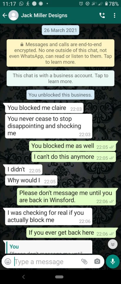 Scammer Jack told Claire she disappointed and shocked him