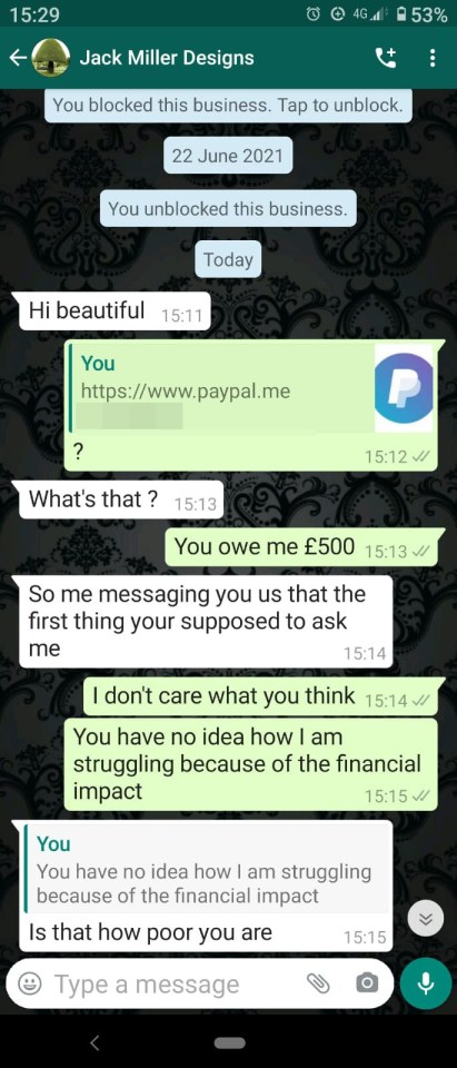 The online fraudster, who used the name Jack Miller, mocked his victim on WhatsApp after taking her money