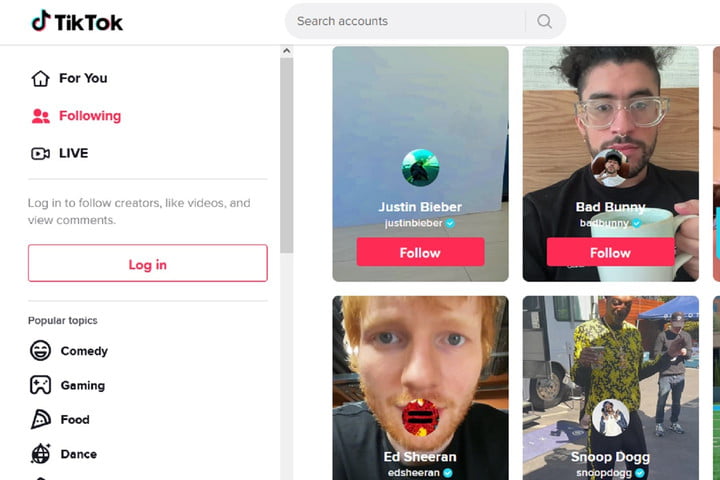 A selection of four celebrities and their TikTok accounts featured on the main page for TikTok's desktop website.