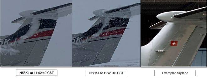 Comparisons of the tail of the Pilatus PC-12 before takeoff versus what it should look like.