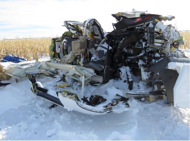The wreckage of the Pilatus PC-12 that crashed after takeoff from the Chamberlain Municipal Airport on Saturday, November 30, 2019.