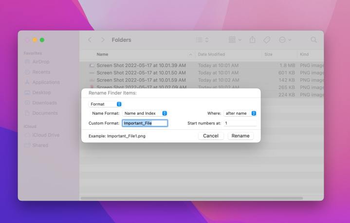 Renaming files in the finder in macOS